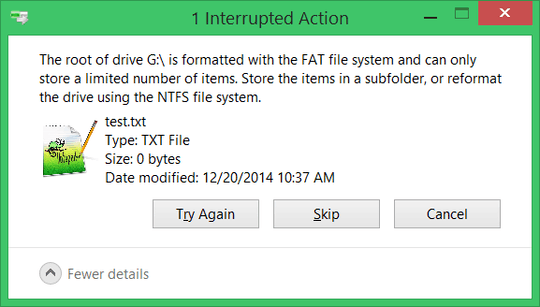 Error message generated by Windows 8 for a full root directory on a FAT16 volume