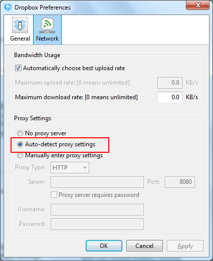 Proxy settings in DropBox