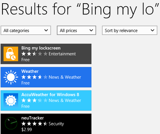 Windows Store App Search Results