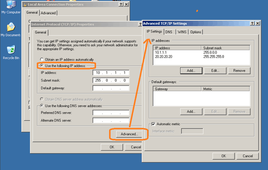 screenshot of XP: advanced TCP/IP settings. Two IPs entered