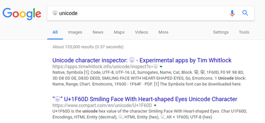Google search for the "smiling face with heart shaped eyes" emoji