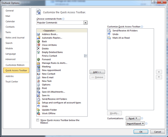 Quick Access Toolbar customization dialog