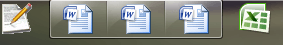 Cropped screenshot of the Windows 7 Taskbar showing several copies of MS Word running shown as seperate tabs while the bar is in the "Don't Combine" setting and registry hack to hide the program titles