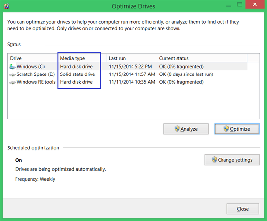 Windows Drive Optimizer showing the media type