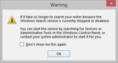OneNote prompts to enable Windows Search service