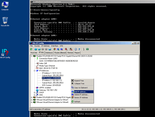 Screenshot of win7 with cmd.exe open with ipconfig output and winip cfg **V2.7** in the same image