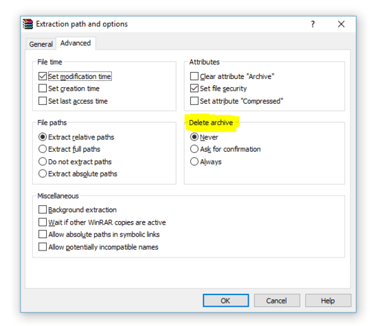 WinRAR delete files after extraction dialog