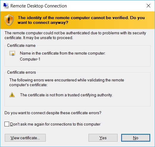 windows RDP certificate warning