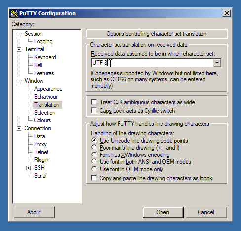 PuTTY encoding set to UTF-8