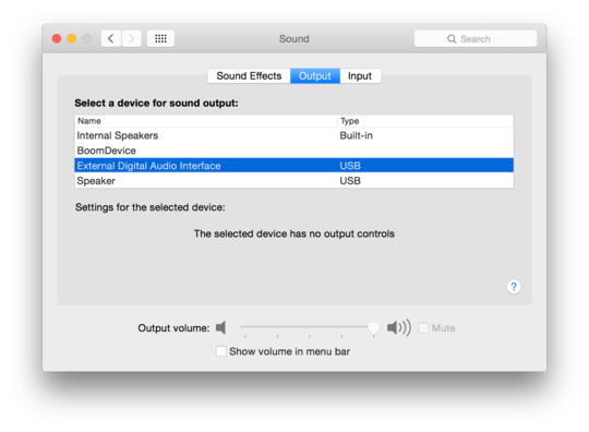 A screenshot of OS X's Sound Preferences panel with the External Digital Audio Interface selected