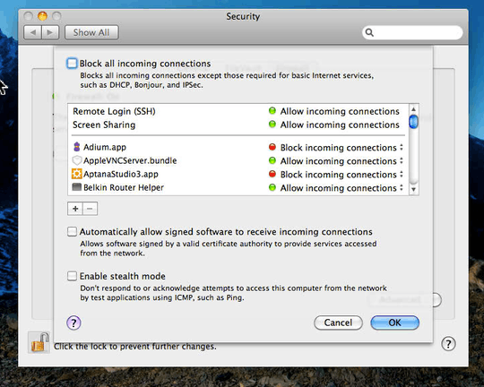 The firewall configuration screen on OSX
