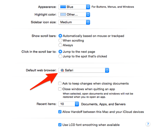 System Preferences on OS X, showing Default web browser set to Parallels Safari