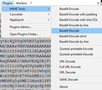 Plugins -> MIME Tools -> Base64 Decode selected