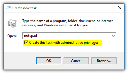 Create new task: Create this task with administrative privileges.