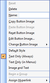 Tools menu > Customize > Right click on the specific toolbar button