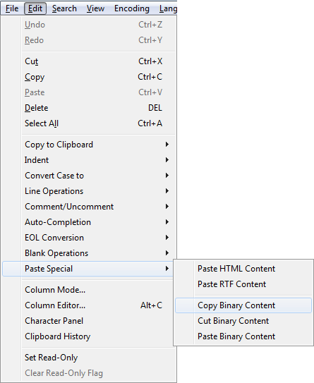 Submenu of Paste Special in Edit menu of Notepad++