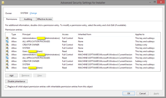 permissions for HKEY_LOCAL_MACHINE\Software\Microsoft\Windows\CurrentVersion\Installer