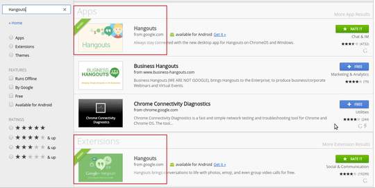 Screenshot of Hangouts App and Extension in the Chrome Web Store