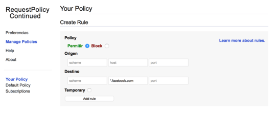 Screenshot: Configuring RequestPolicy Continued to block requests to Facebook