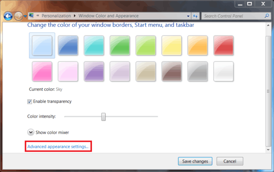 Window Glass Colors -> Advanced Appearance Settings