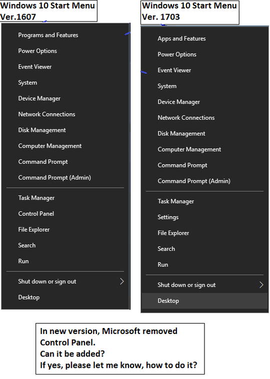 Control panel missing from start menu