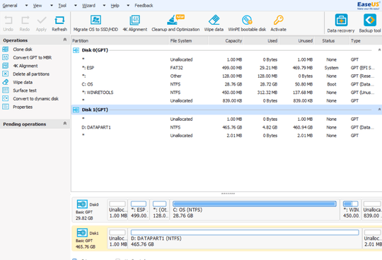 EaaseUS partition manager screen