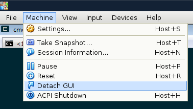 Screenshot of VirtualBox v5.1.6 menu: Machine > Detach GUI