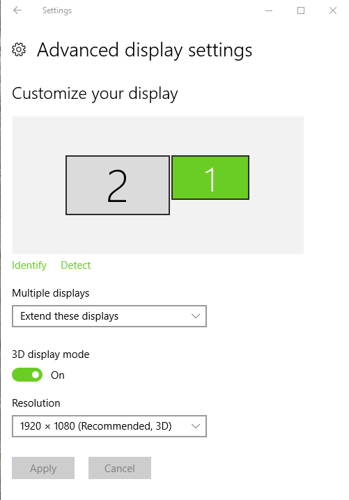 Windows 10 has 3D support enabled for this display device