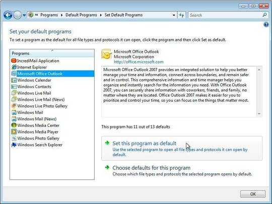 Default Programs dialog for Office programs