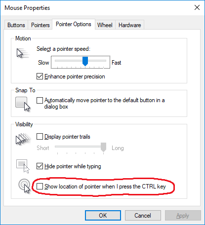 Mouse Properties > Pointer Options > Show Location of Pointer