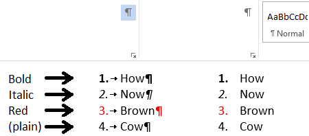 numbered list in Microsoft Word, with formatted numbers