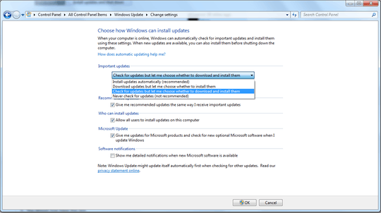 Screenshot of Windows 7 update settings screen