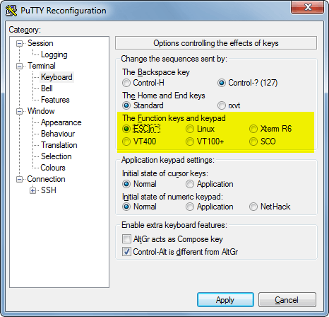 PuTTY keyboard config