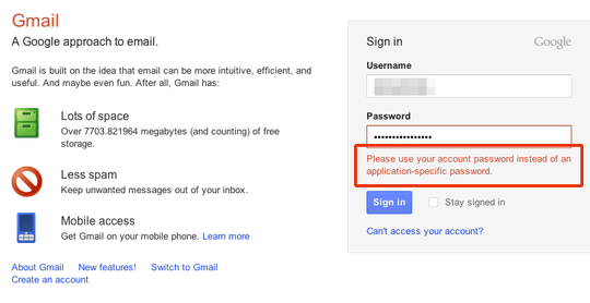 Google rejecting app-specific password as login password