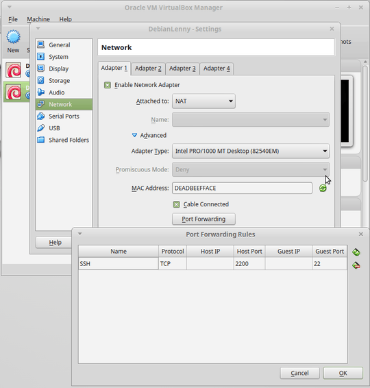 Port forwarding via VirtualBox GUI