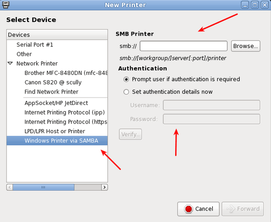 new samba printer dialog