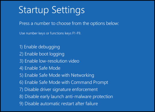 Screen showing the boot-up options