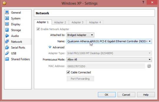 virtual box network settings