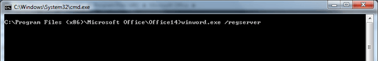 Screenshot of command-prompt registering Word