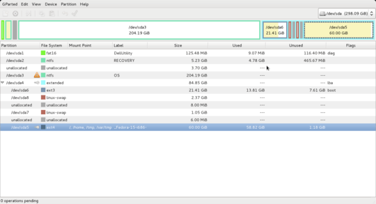 Filesystem description in Gparted