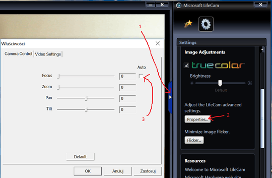 Screenshot showing how to disable autofocus in LifeCam software