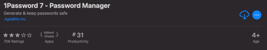  Here is a screenshot of 1Password displayed as deleted and ready to download again in the Apple Mac App Store.