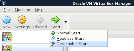 Screenshot of VirtualBox v5.1.6 Start Option: Detachable Start