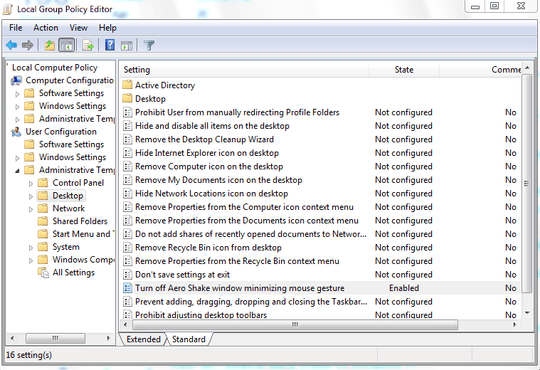 Group policy editor screen for disabling Aero Shake