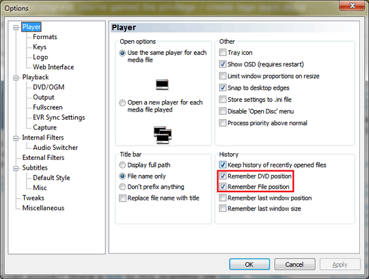 Media Player files position