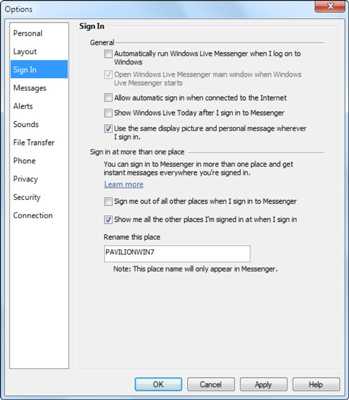 Windows Live Options dialog