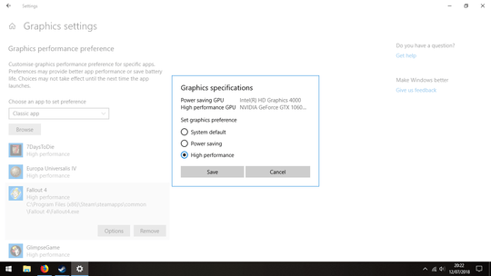 Graphics settings panel