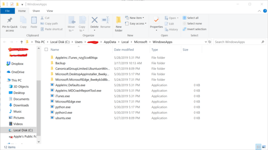 Picture of the WindowsApps folder