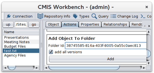 CMIS Workbench, Add Object to Folder
