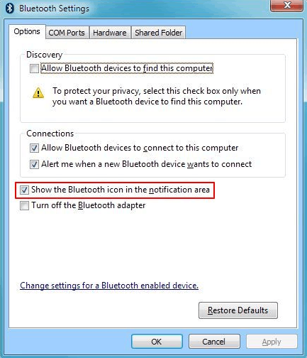 Bluetooth settings dialog